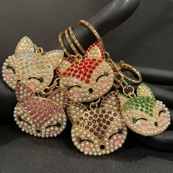 BAG CHARM  Gold Tone Green Crystal Kitty Face Bag Charm Keychain Mint - Picture 6 of 6